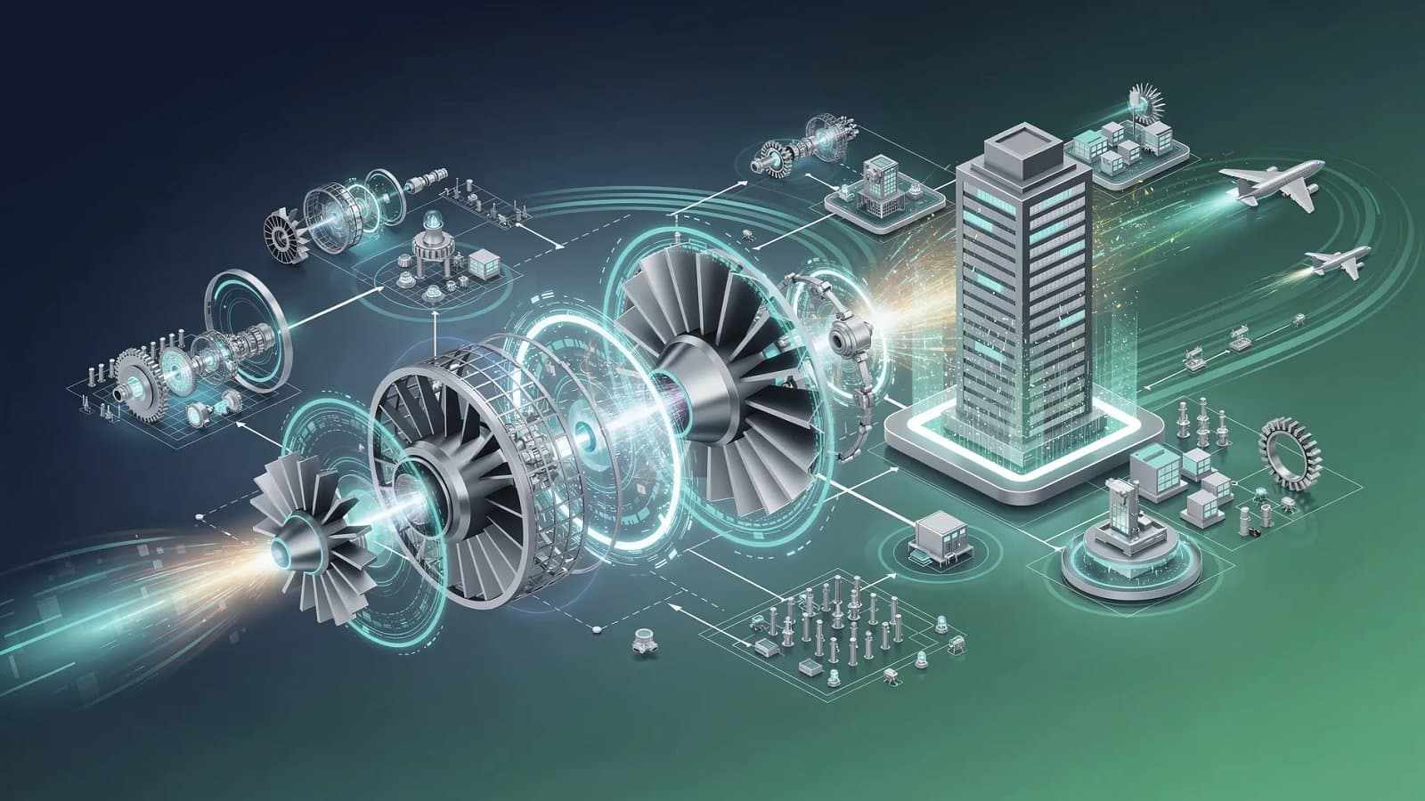 Visualisation abstraite d'une chaine d'approvisionnement aeronautique et de flux de maintenance reliant des structures industrielles dans un degrade bleu et vert