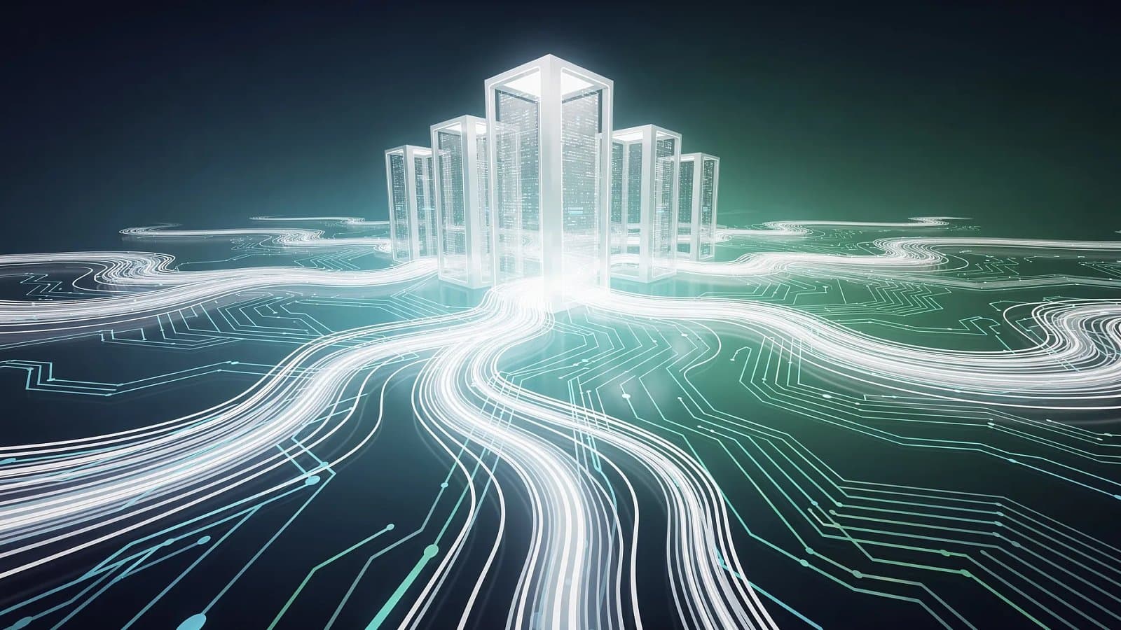Illustration abstraite de flux de capitaux convergeant vers des centres de données, symbole du financement de l'intelligence artificielle