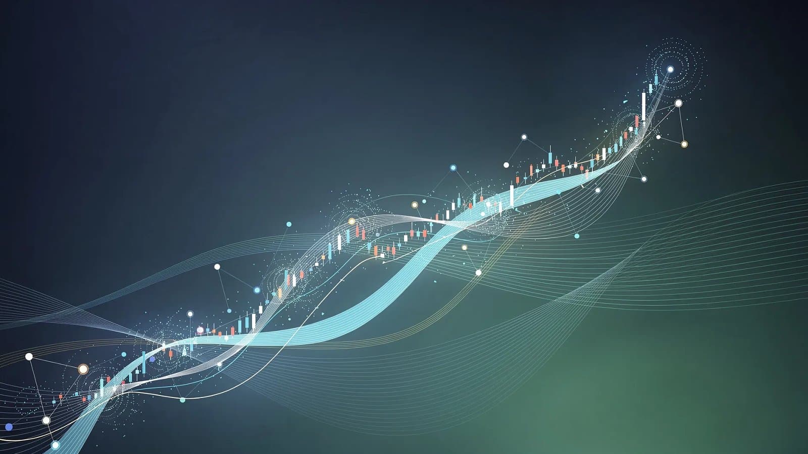 Visualisation abstraite de courbes de taux obligataires ascendantes et de flux de données économiques aux teintes bleu profond et vert émeraude