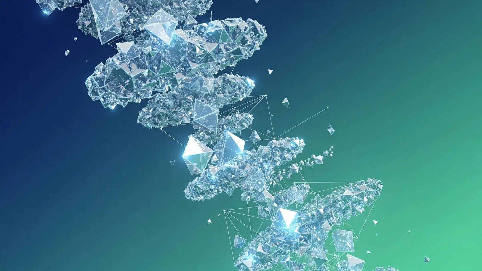 Visualisation abstraite de structures cristallines numériques fragmentées en chute, évoquant la déroute du bitcoin et la dislocation d'un réseau décentralisé