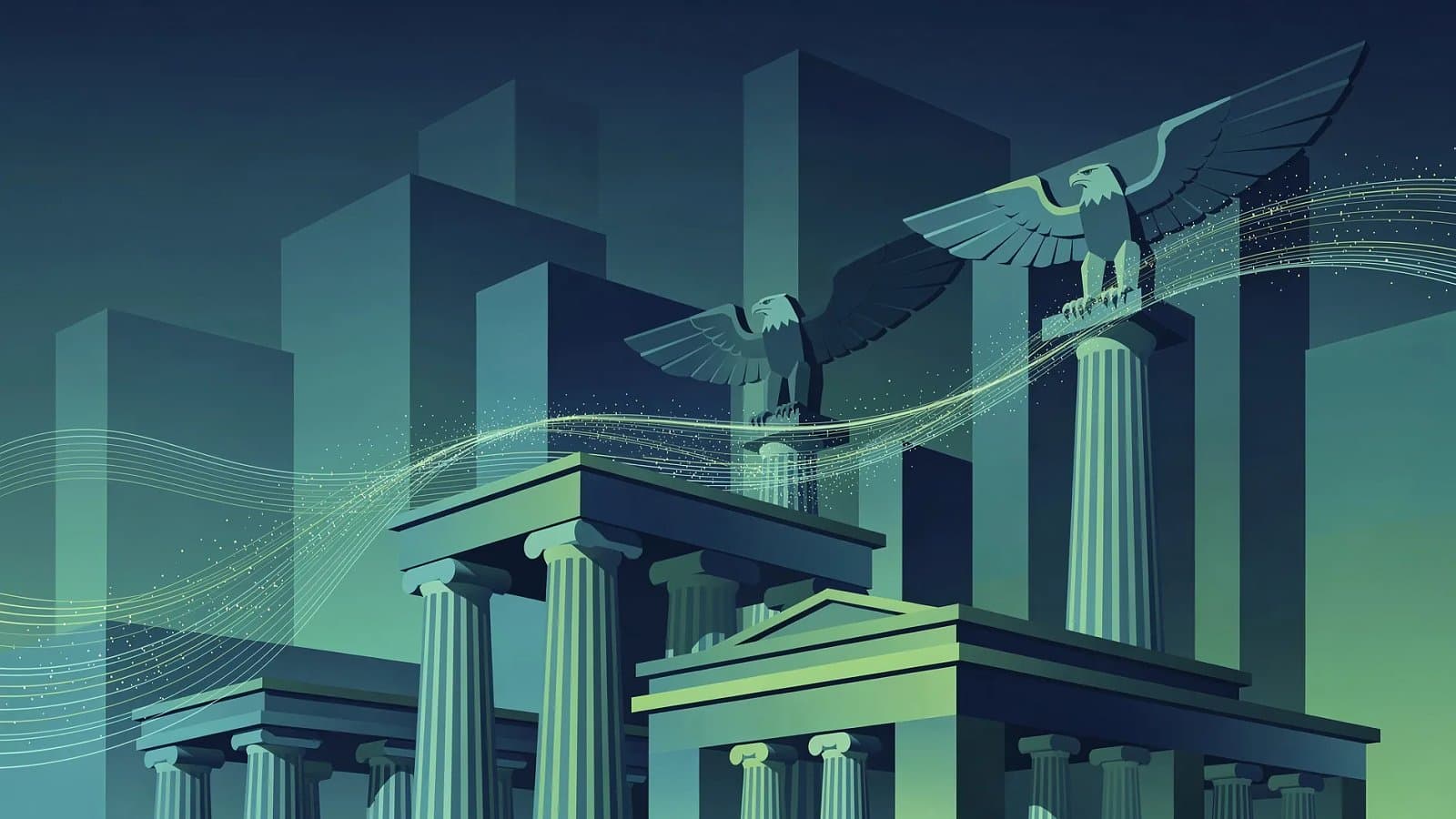 Visualisation abstraite d'une architecture institutionnelle américaine évoquant la Réserve fédérale et la trajectoire des taux directeurs