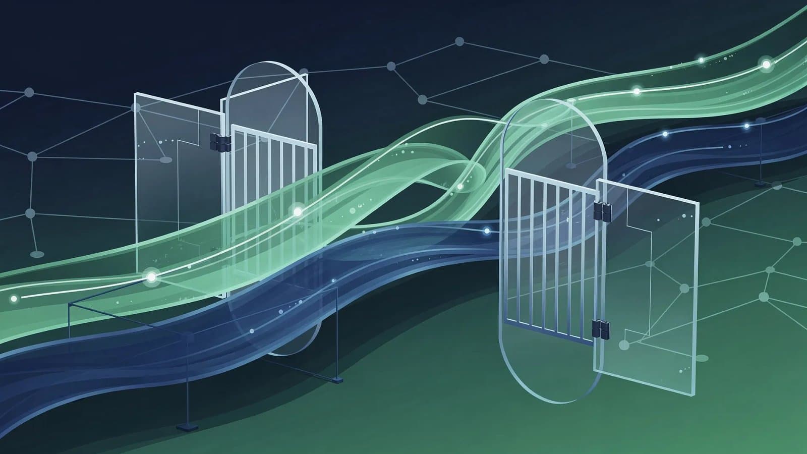 Visualisation abstraite de flux de capitaux ralentis par des structures de portes, symbolisant le plafonnement des retraits d'un fonds de crédit privé