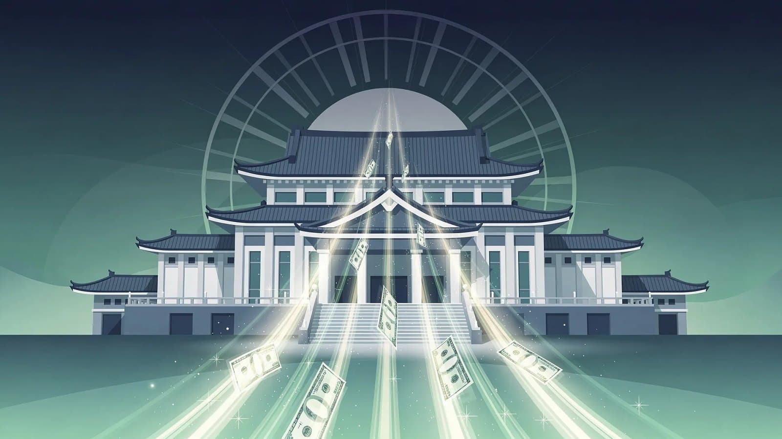 Visualisation abstraite de l'architecture institutionnelle japonaise et de flux monétaires symbolisant la politique de la Banque du Japon