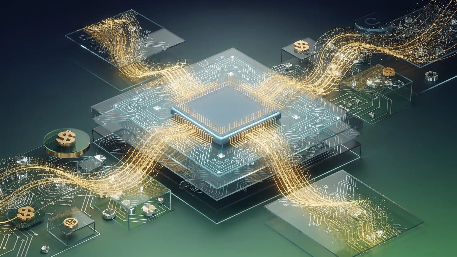 Visualisation abstraite de flux de capitaux convergeant vers des structures de silicium interconnectées, symbolisant le financement par dette privée des puces d'intelligence artificielle