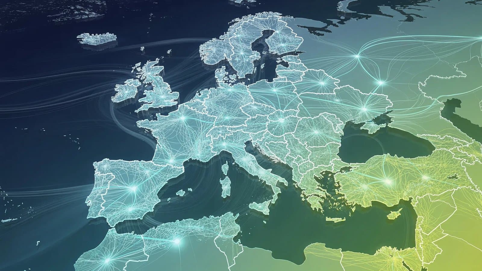 Visualisation abstraite d'un réseau électrique européen et de flux d'énergie renouvelable, symbolisant la refonte de la fiscalité de l'électricité