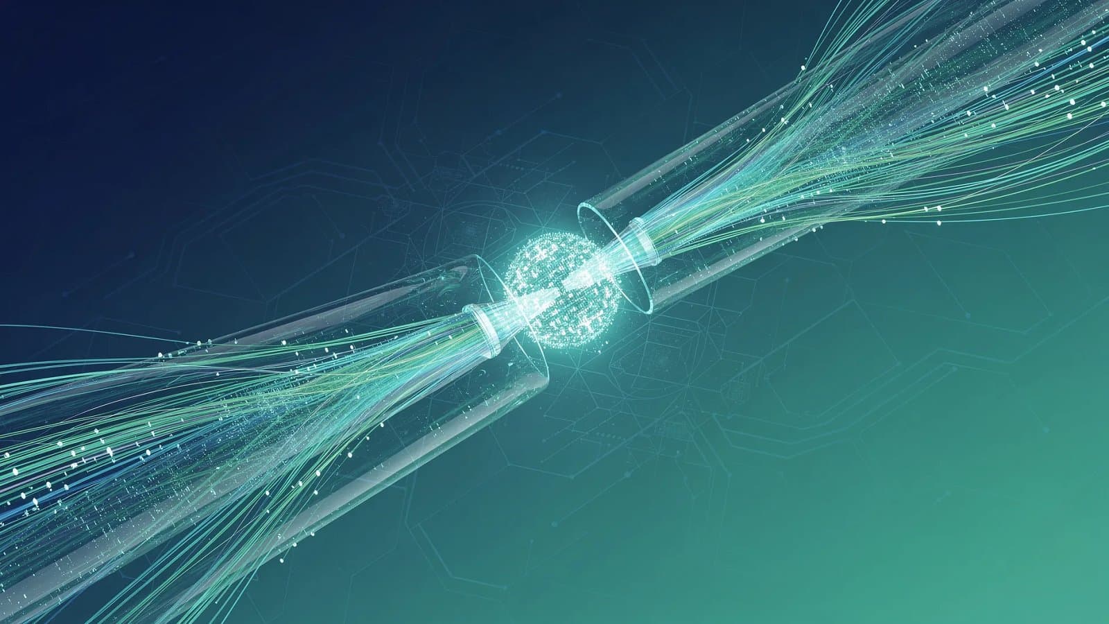 Illustration abstraite de filaments de fibre optique lumineux convergeant vers un noeud de données, symbolisant l'infrastructure des centres de données pour l'intelligence artificielle