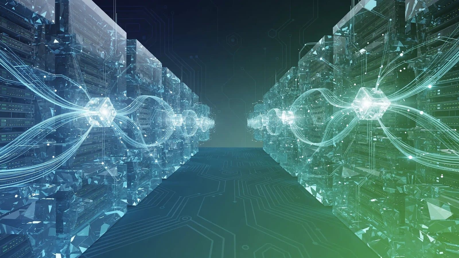 Visualisation abstraite d'un réseau de centres de données dédiés à l'intelligence artificielle, flux d'énergie et de données interconnectés