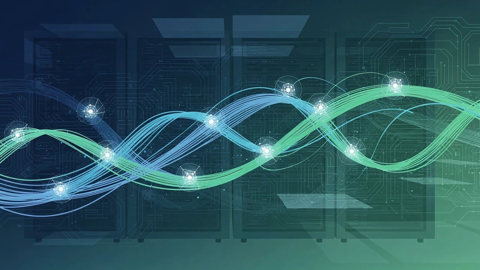 Visualisation abstraite de réseaux de fibre optique et d'infrastructures de centres de données interconnectées, symbolisant la formation aux métiers techniques de l'intelligence artificielle