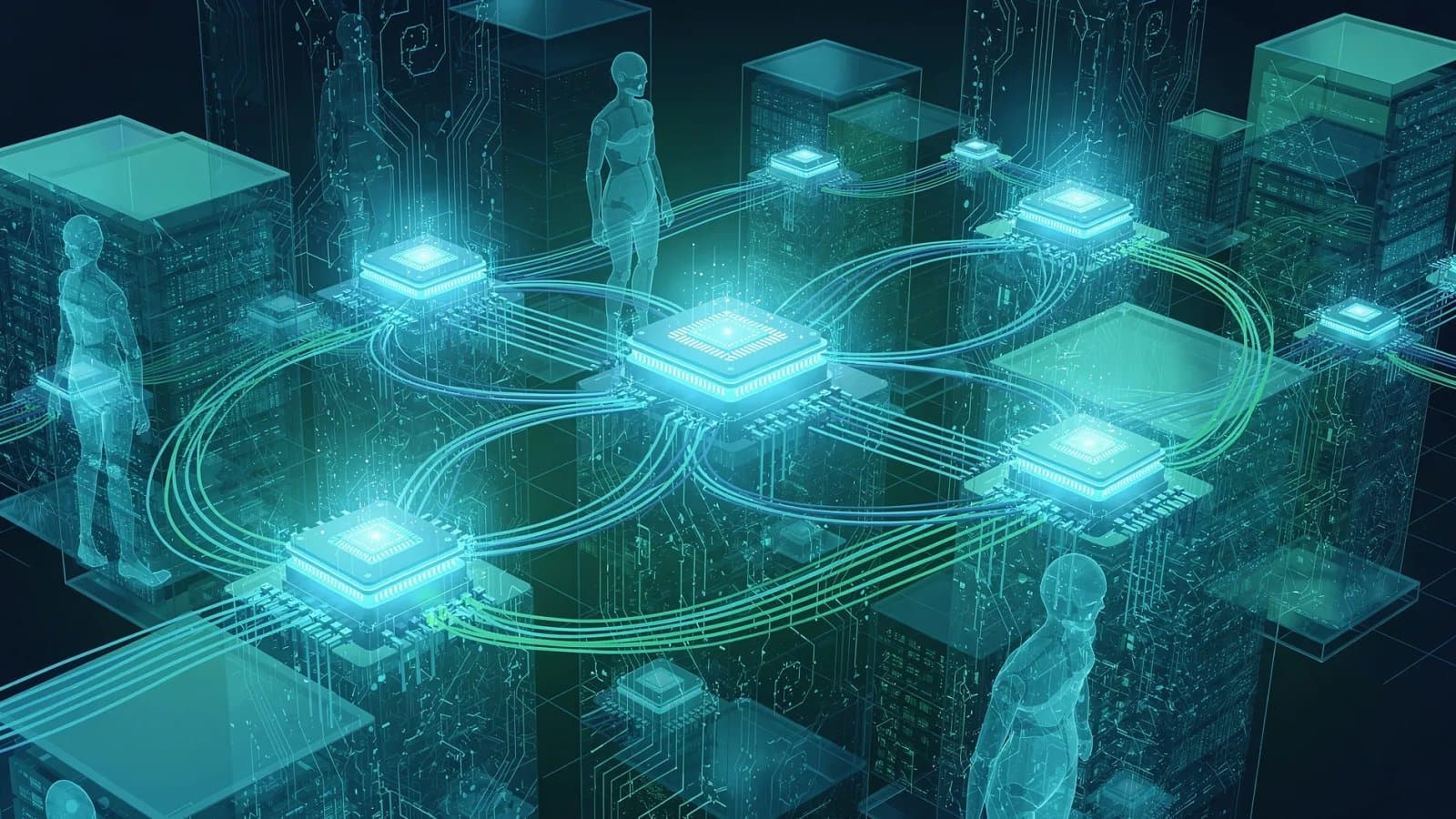 Visualisation abstraite de structures robotiques et de réseaux de calcul interconnectés évoquant une usine d'intelligence artificielle