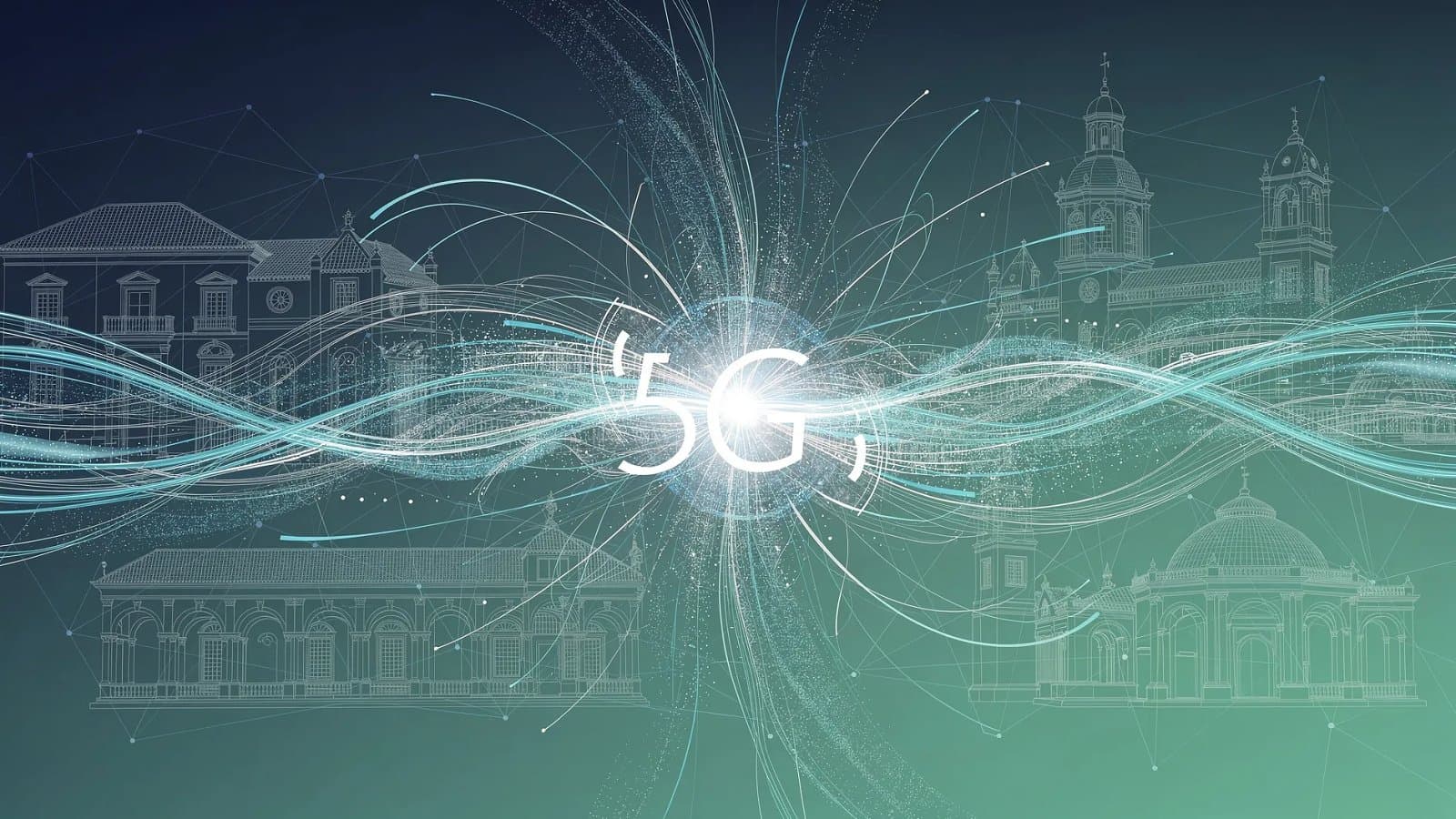 Illustration abstraite de réseaux de télécommunications convergeant vers un nœud central unique, symbolisant la prise de contrôle intégrale d'un opérateur télécoms en Espagne