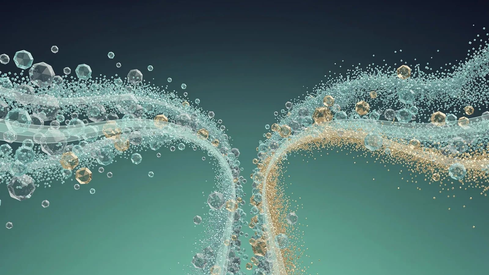 Visualisation abstraite de particules minérales agricoles ralenties dans un goulet d'étranglement logistique, tons bleu profond et vert émeraude