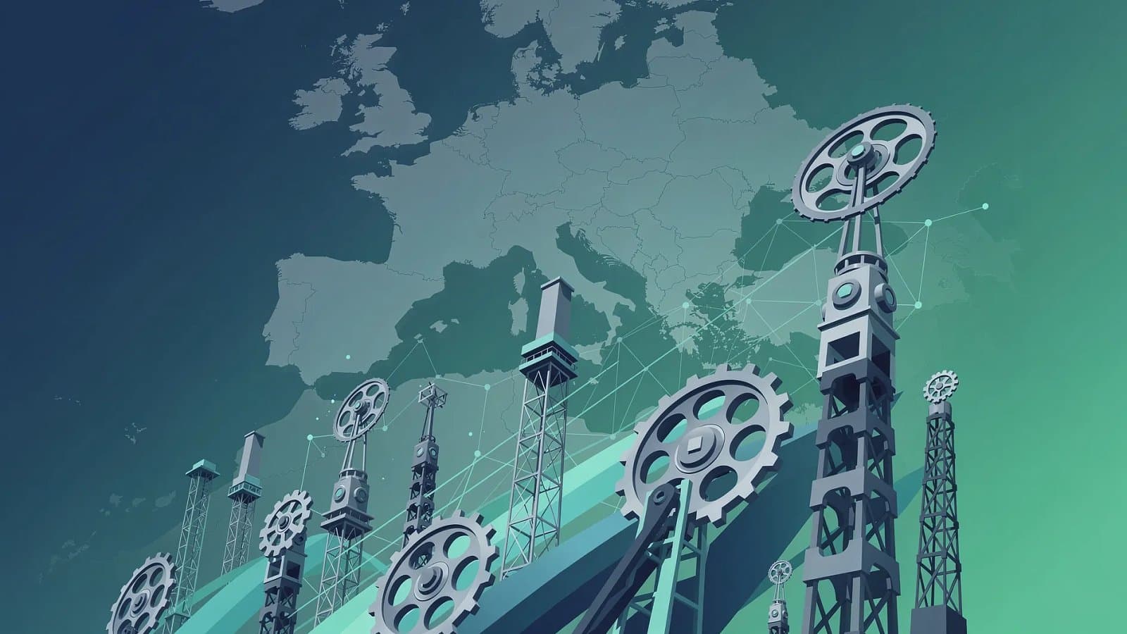 Illustration abstraite du redémarrage de l'industrie allemande, formes ascendantes en bleu et vert évoquant une reprise de la production