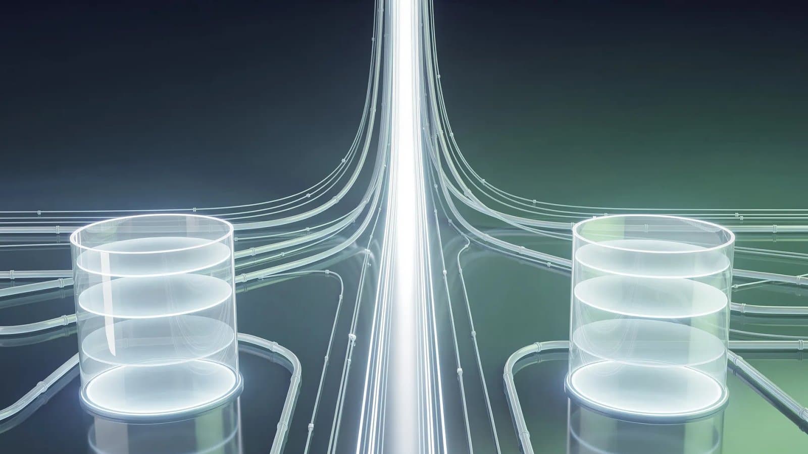 Visualisation abstraite de flux d'énergie gazière contraints et de réservoirs de stockage partiellement remplis, évoquant la tension sur l'approvisionnement européen