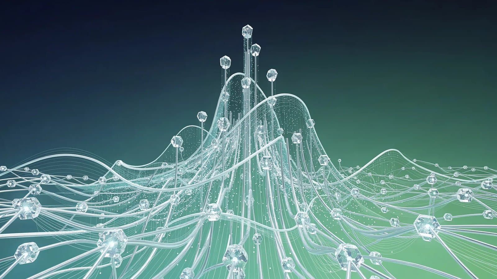 Illustration abstraite d'un réseau neuronal lumineux mêlé à des courbes financières, symbolisant le modèle d'intelligence artificielle Claude Fable 5 d'Anthropic et ses usages en finance