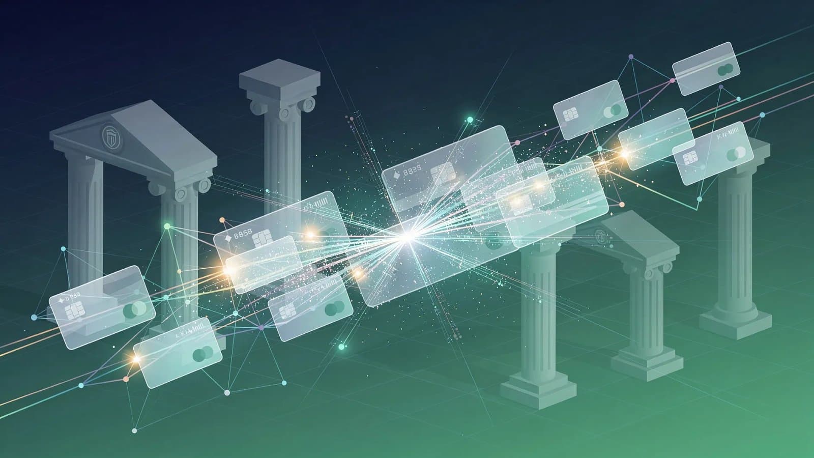 Visualisation abstraite de flux de paiement par carte bancaire et de réseaux financiers interconnectés