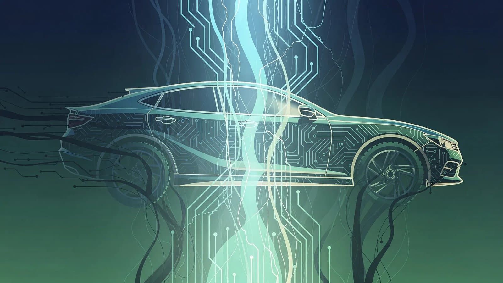 Visualisation abstraite de flux d'énergie électrique et de formes automobiles dynamiques sur fond dégradé bleu et vert, symbolisant l'accélération de la demande de véhicules électriques