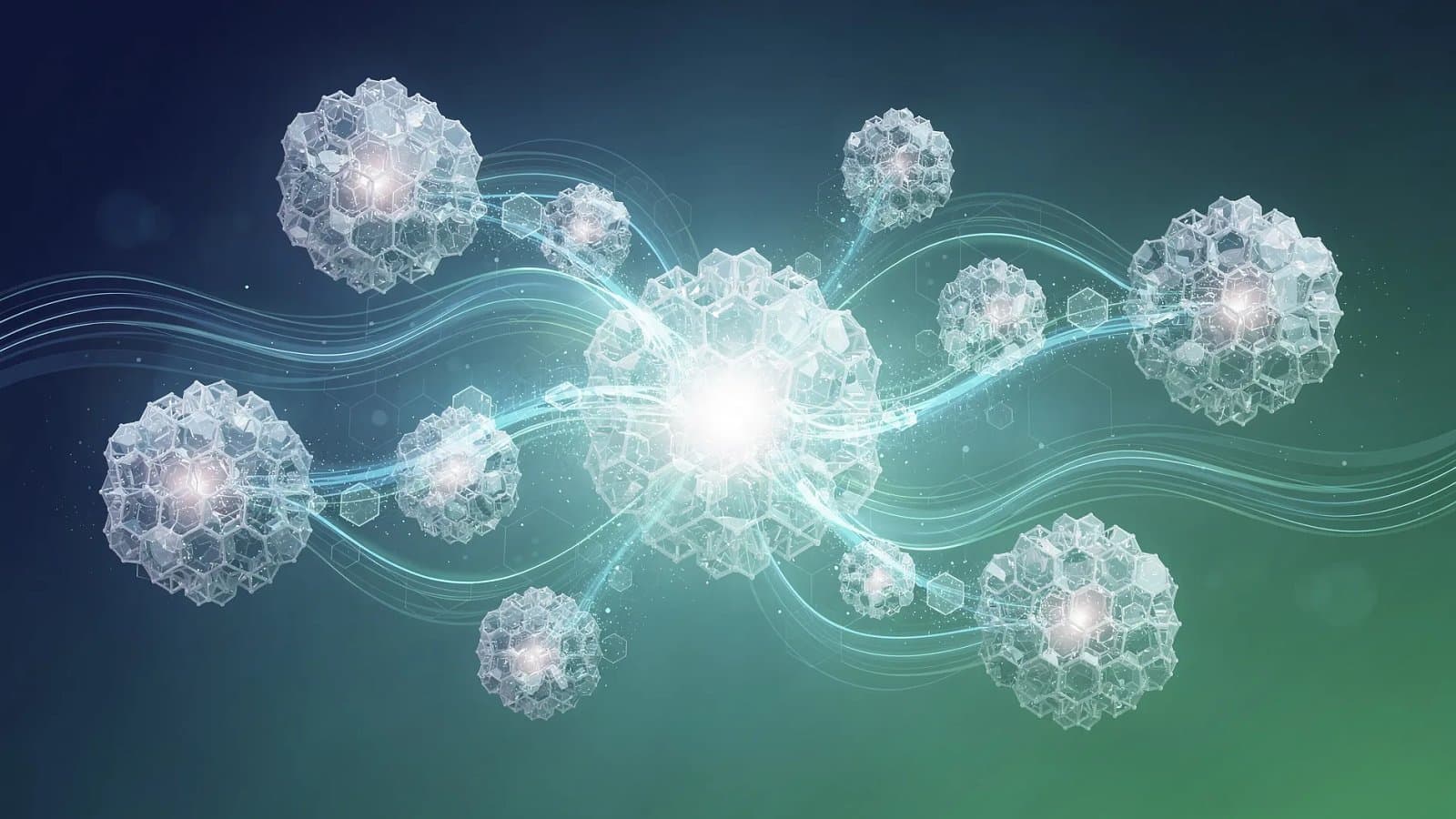 Visualisation abstraite de structures interconnectées convergeant vers un coeur unique, symbole de la consolidation du secteur pharmaceutique mondial