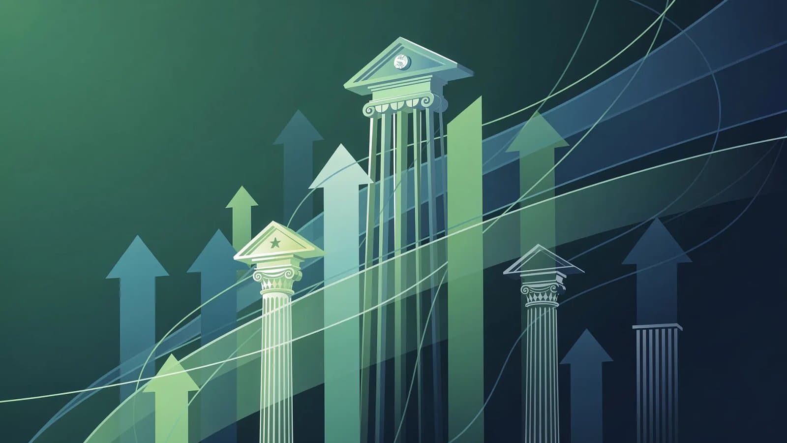 Visualisation abstraite d'une pression inflationniste américaine portée par un flux énergétique ascendant, tons dollar et bleu profond