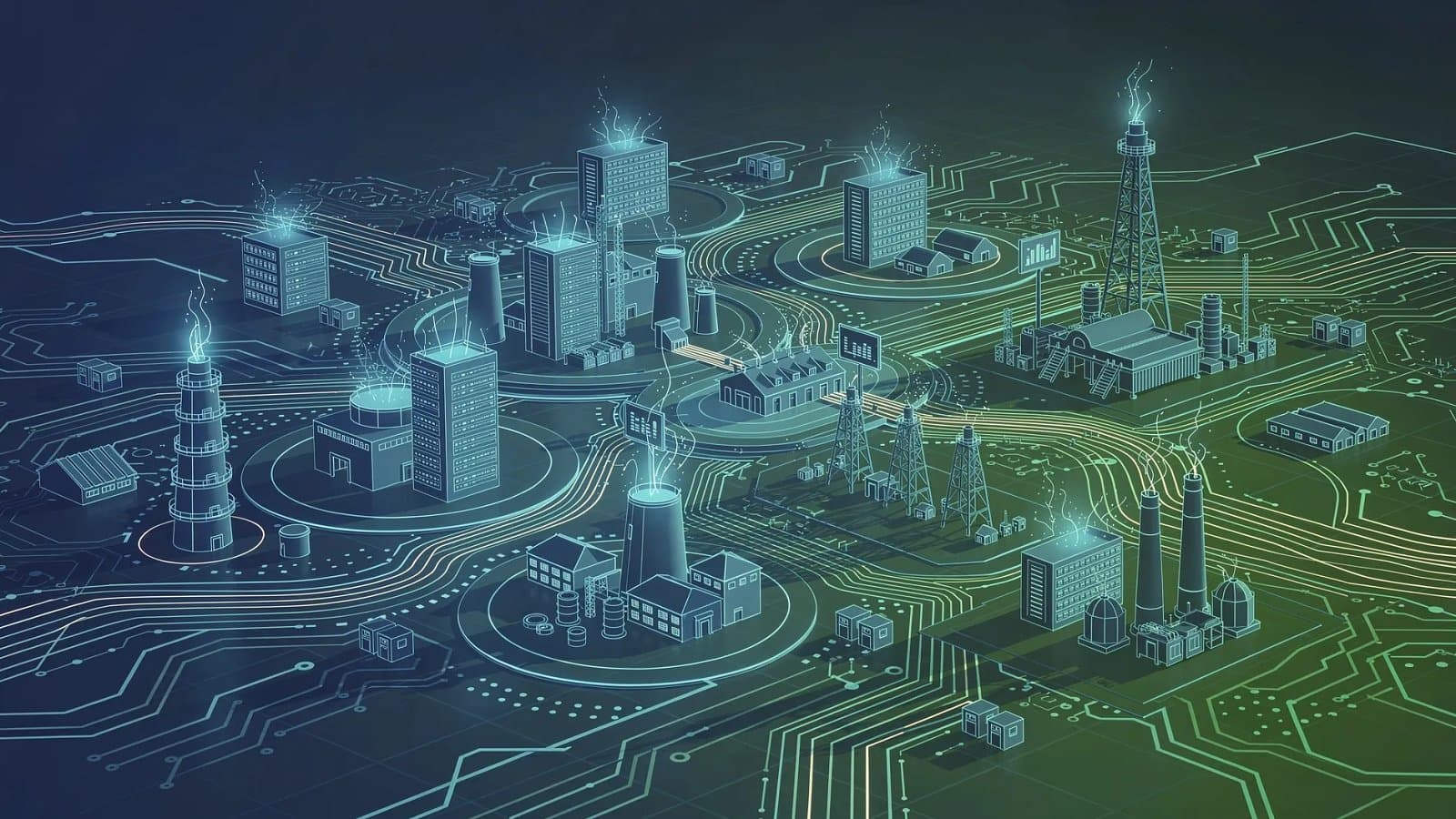 Visualisation abstraite d'un réseau de centres de données numériques et de flux énergétiques sur fond de dégradé bleu et vert