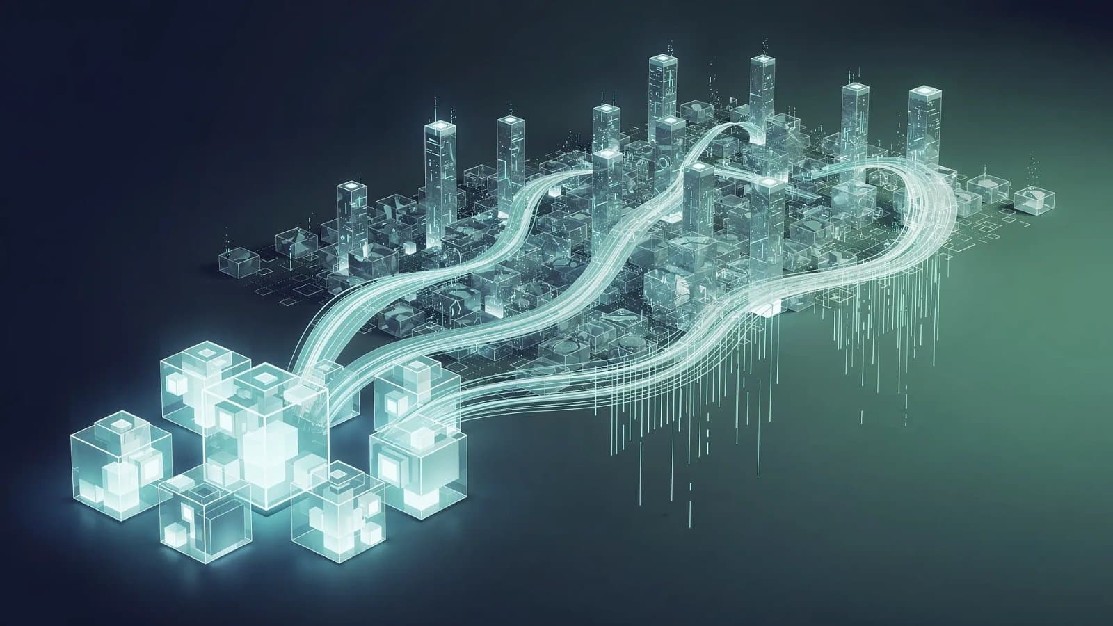 Visualisation abstraite d'un réseau électrique alimentant des infrastructures de calcul, flux d'énergie dynamiques sur dégradé bleu et vert