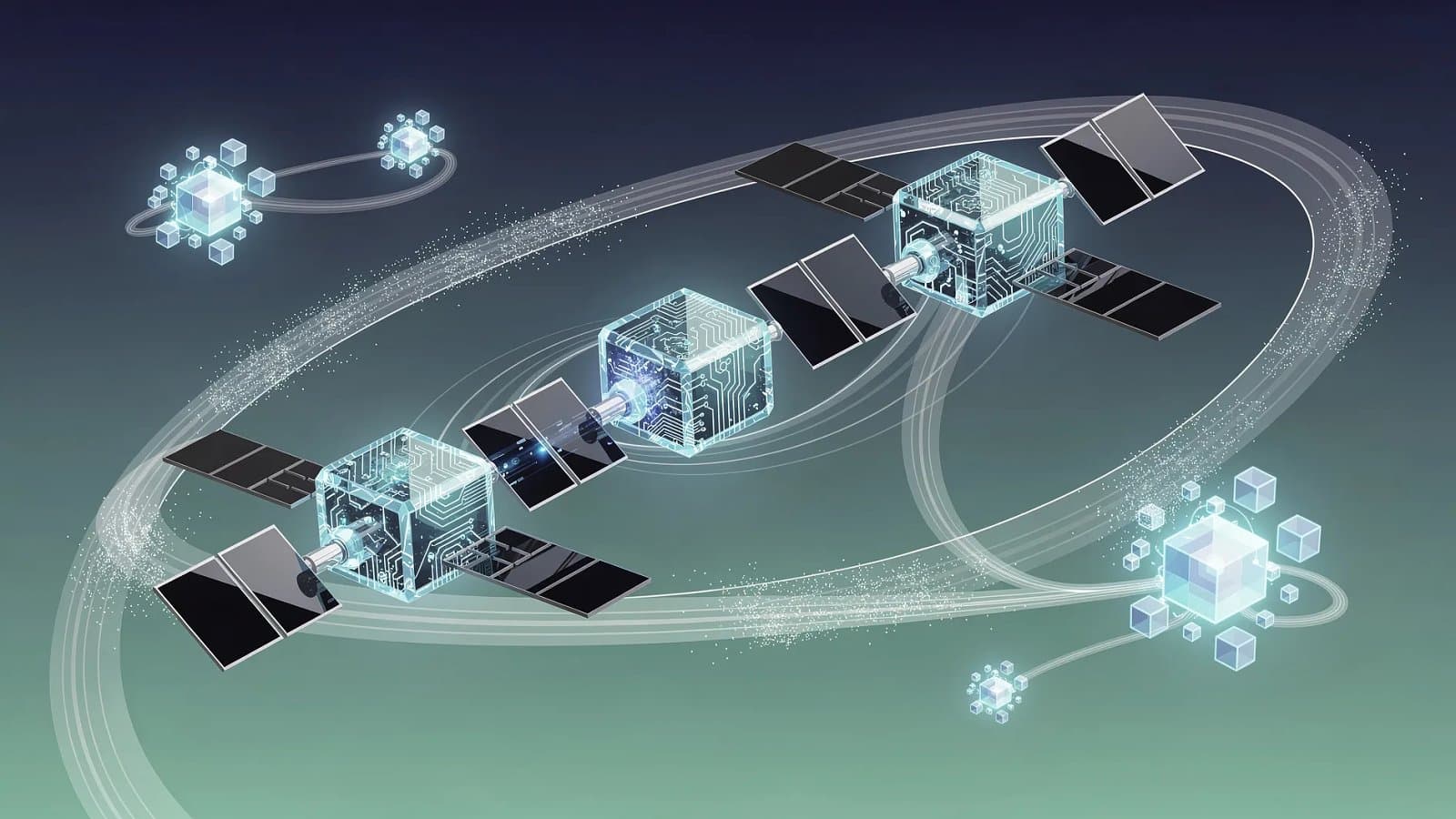 Visualisation abstraite de structures satellitaires de calcul en orbite, flux de données et énergie solaire sur un dégradé bleu profond et vert
