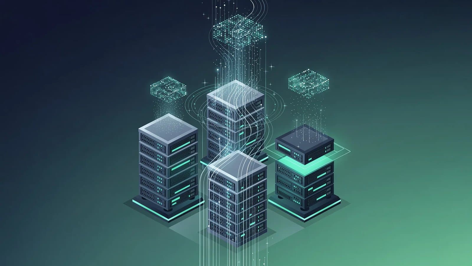 Visualisation abstraite de structures de serveurs et de flux de capitaux numériques aux teintes bleu profond et vert émeraude, évoquant le financement de l'intelligence artificielle