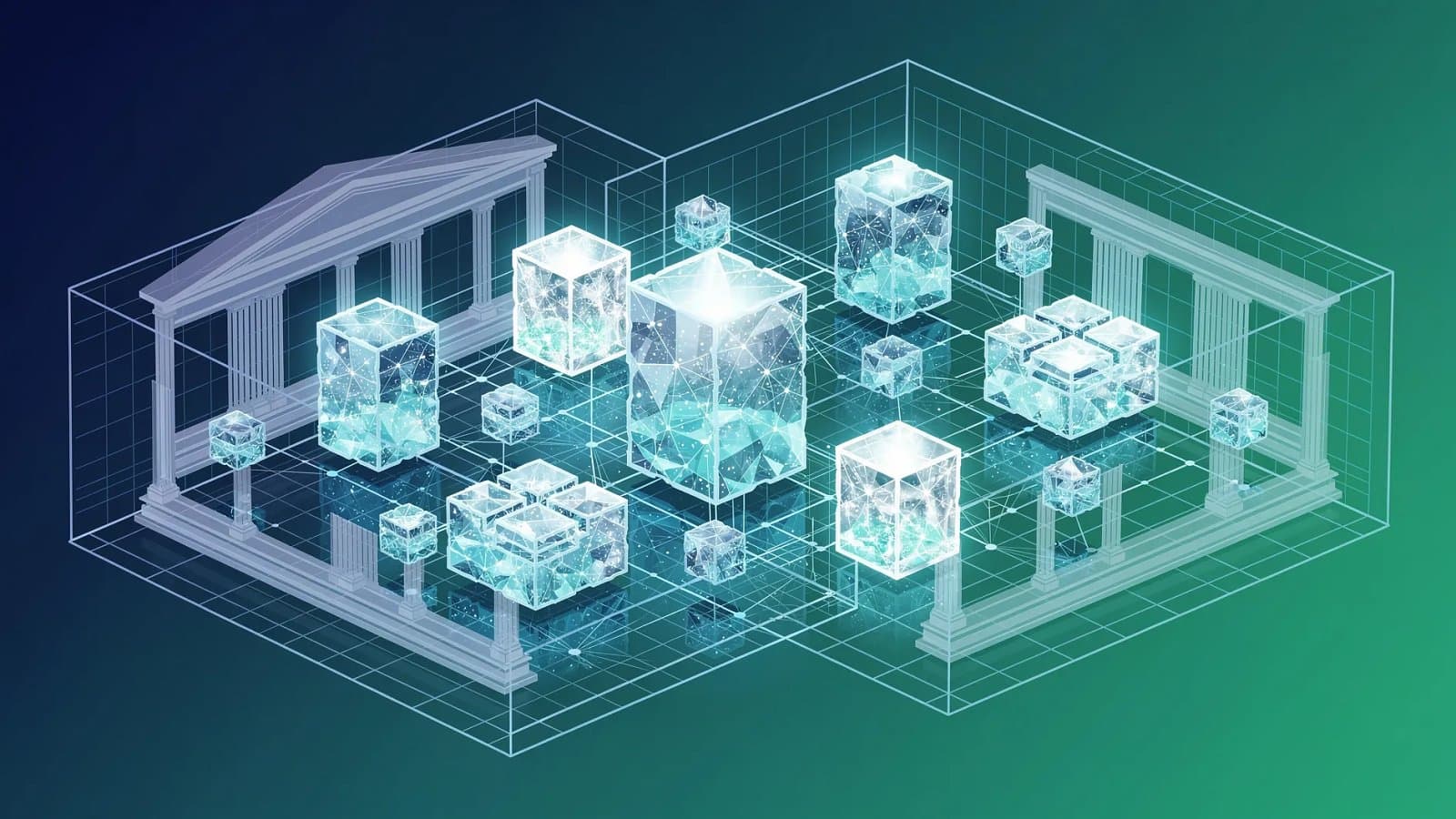 Visualisation abstraite de structures cristallines numériques encadrées par des formes institutionnelles évoquant la régulation européenne des crypto-actifs