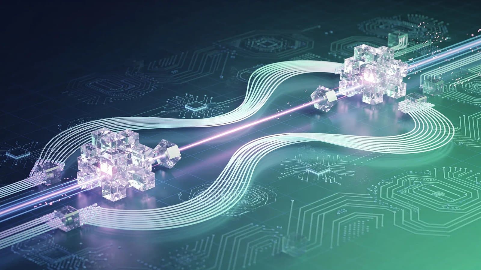 Visualisation abstraite de faisceaux laser circulant dans des structures cristallines, symbolisant le phosphure d'indium au coeur des réseaux optiques des centres de données IA