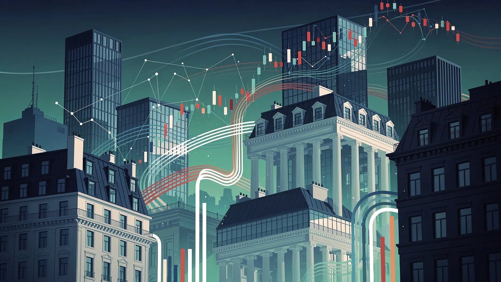 Illustration abstraite de la place financière parisienne et de la recomposition de l'indice CAC 40, formes architecturales et flux de capitaux en dégradé bleu et vert