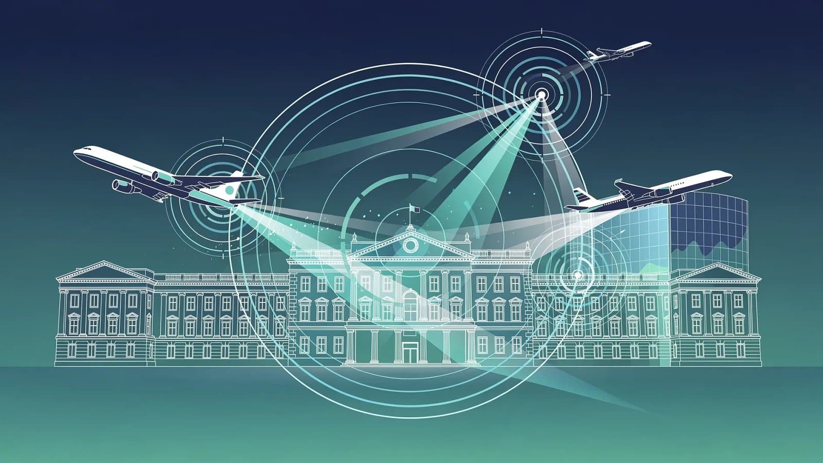 Visualisation abstraite de réseaux de défense aérienne européens, trajectoires d'interception dynamiques sur fond de dégradé bleu et vert