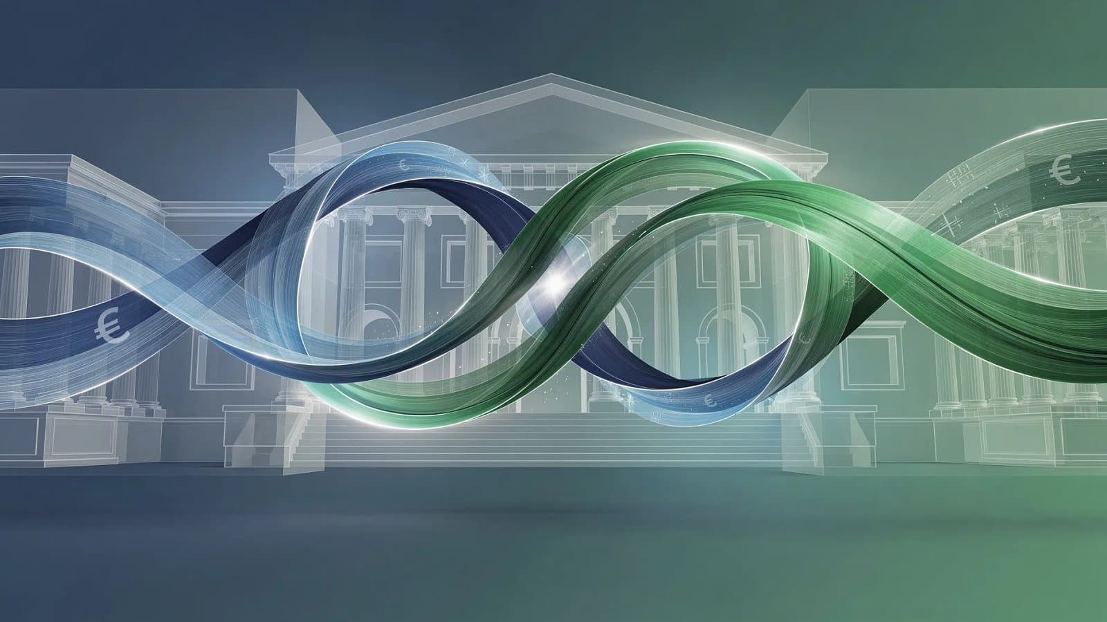 Visualisation abstraite des flux monétaires entre euro et dollar, formes institutionnelles européennes en équilibre, tonalités bleu profond et vert