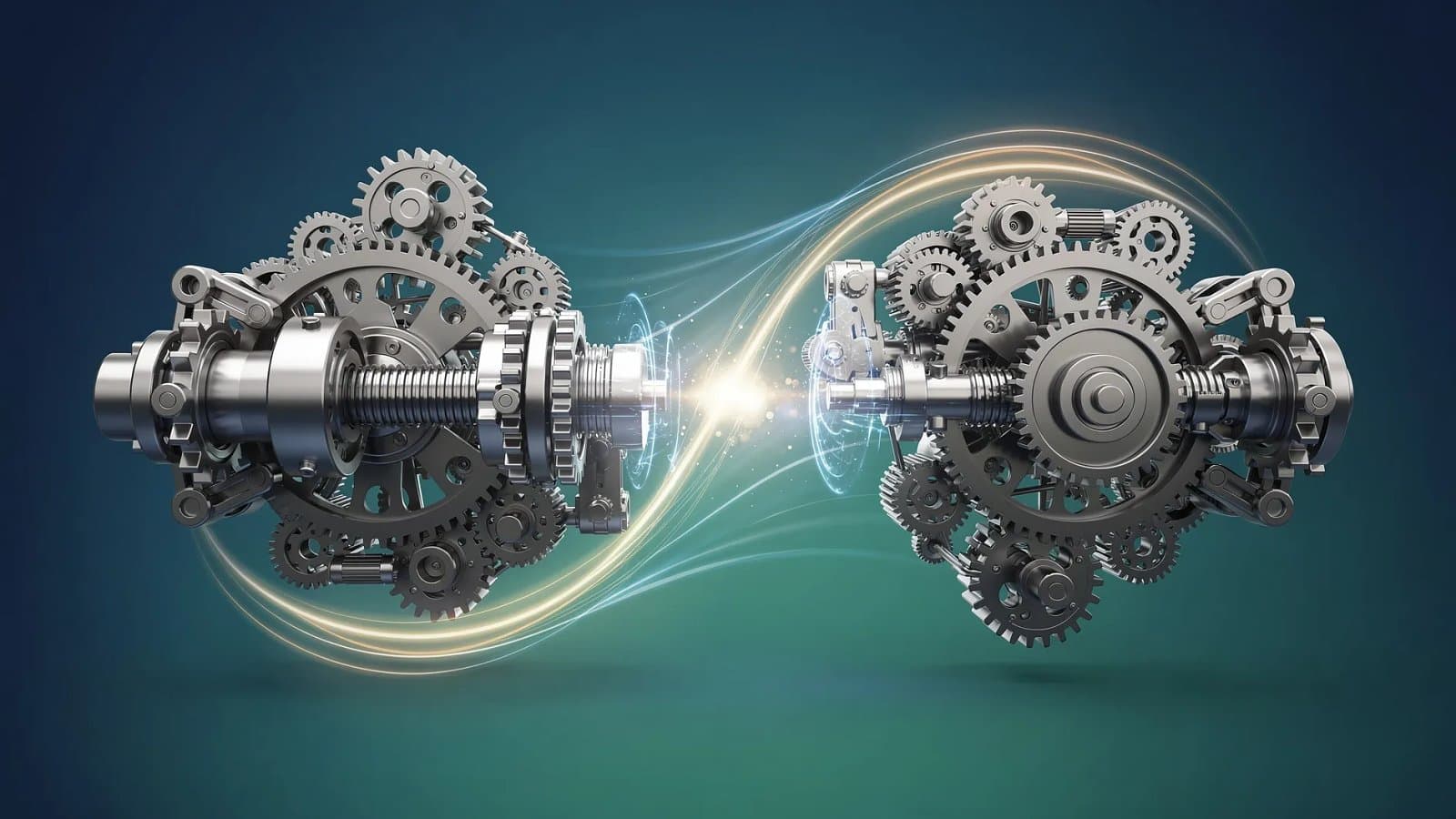 Visualisation abstraite de rouages industriels et de flux d'énergie symbolisant la fusion des activités de transmission d'Eaton et Dana