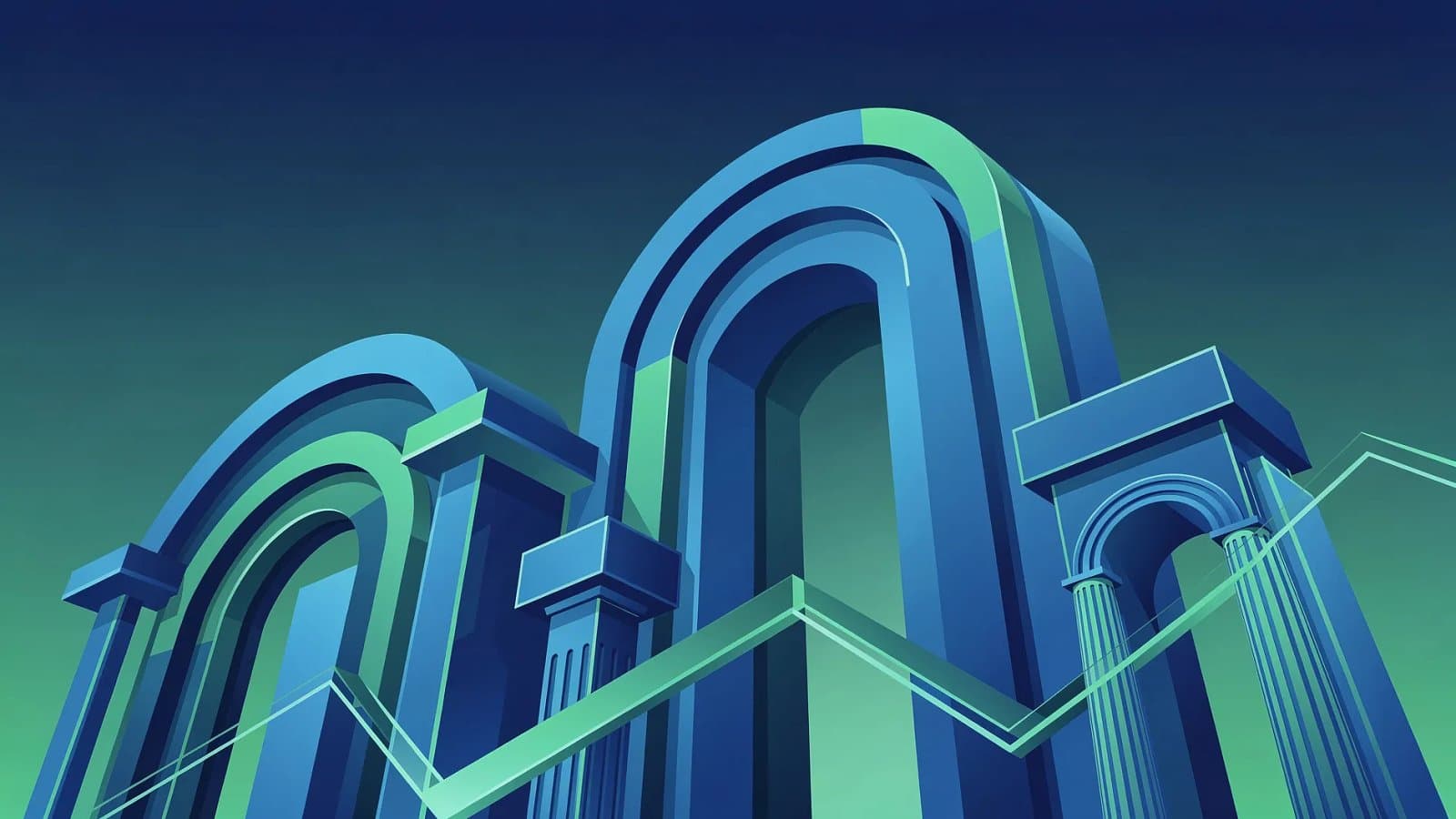 Visualisation abstraite d'une architecture institutionnelle européenne et de flux financiers ascendants symbolisant le rebond des Bourses et la hausse des taux de la BCE