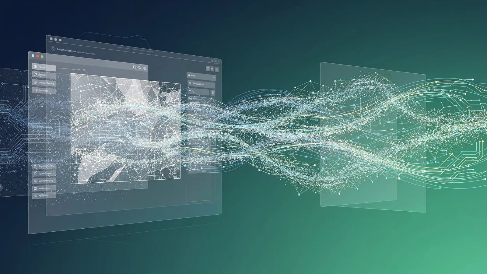 Visualisation abstraite de la transformation des outils de création numérique par l'intelligence artificielle, flux de données lumineux dans un dégradé bleu profond et vert émeraude
