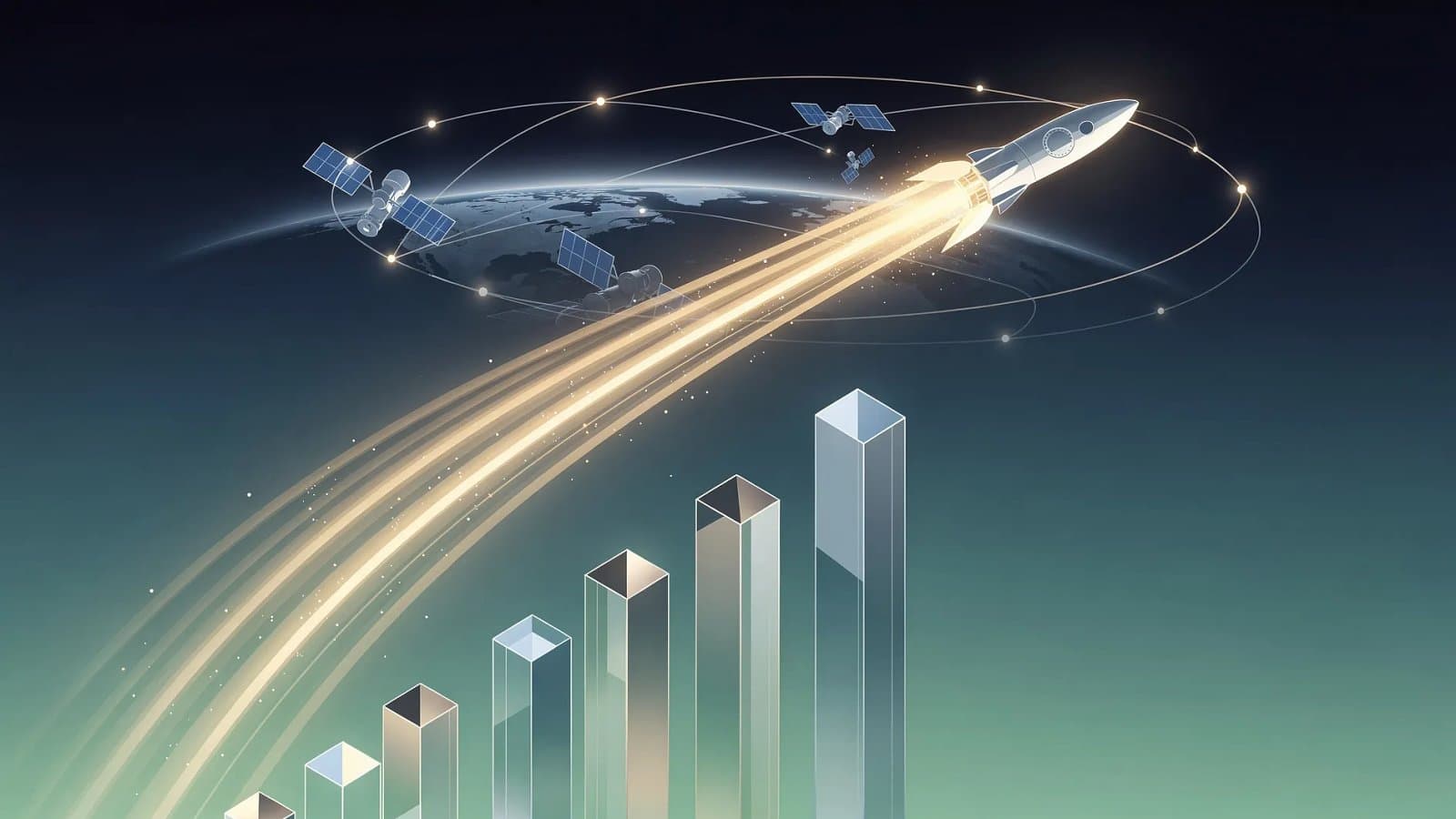 Illustration abstraite d'une trajectoire ascendante de propulsion spatiale et de réseaux de connectivité par satellite, symbolisant l'introduction en Bourse record de SpaceX