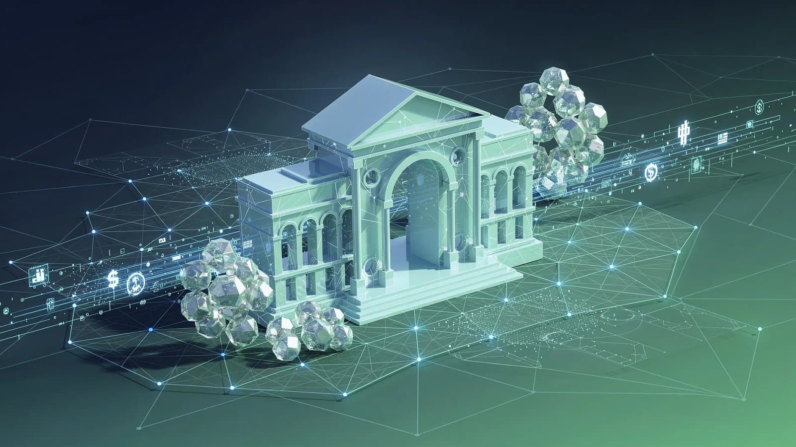 Visualisation abstraite d'une architecture monétaire européenne numérique, formes institutionnelles et flux de données dans des tons bleu profond et vert