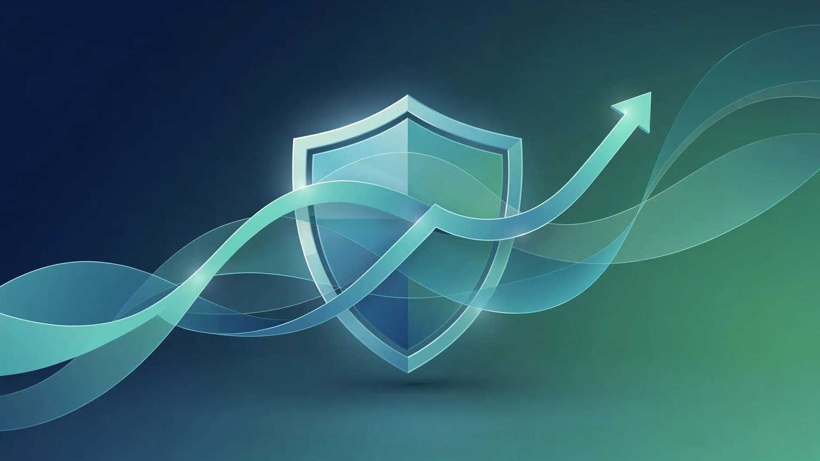 Illustration abstraite évoquant la protection santé des indépendants et l'optimisation fiscale Madelin, courbes ascendantes et formes de bouclier en dégradé bleu profond et vert émeraude