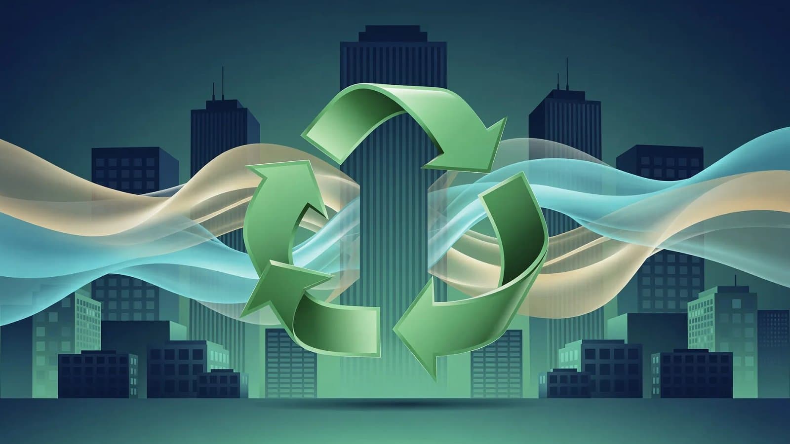 Visualisation abstraite de la consolidation industrielle du secteur des déchets, boucles de recyclage entrelacées et flux de capitaux sur un dégradé bleu et vert