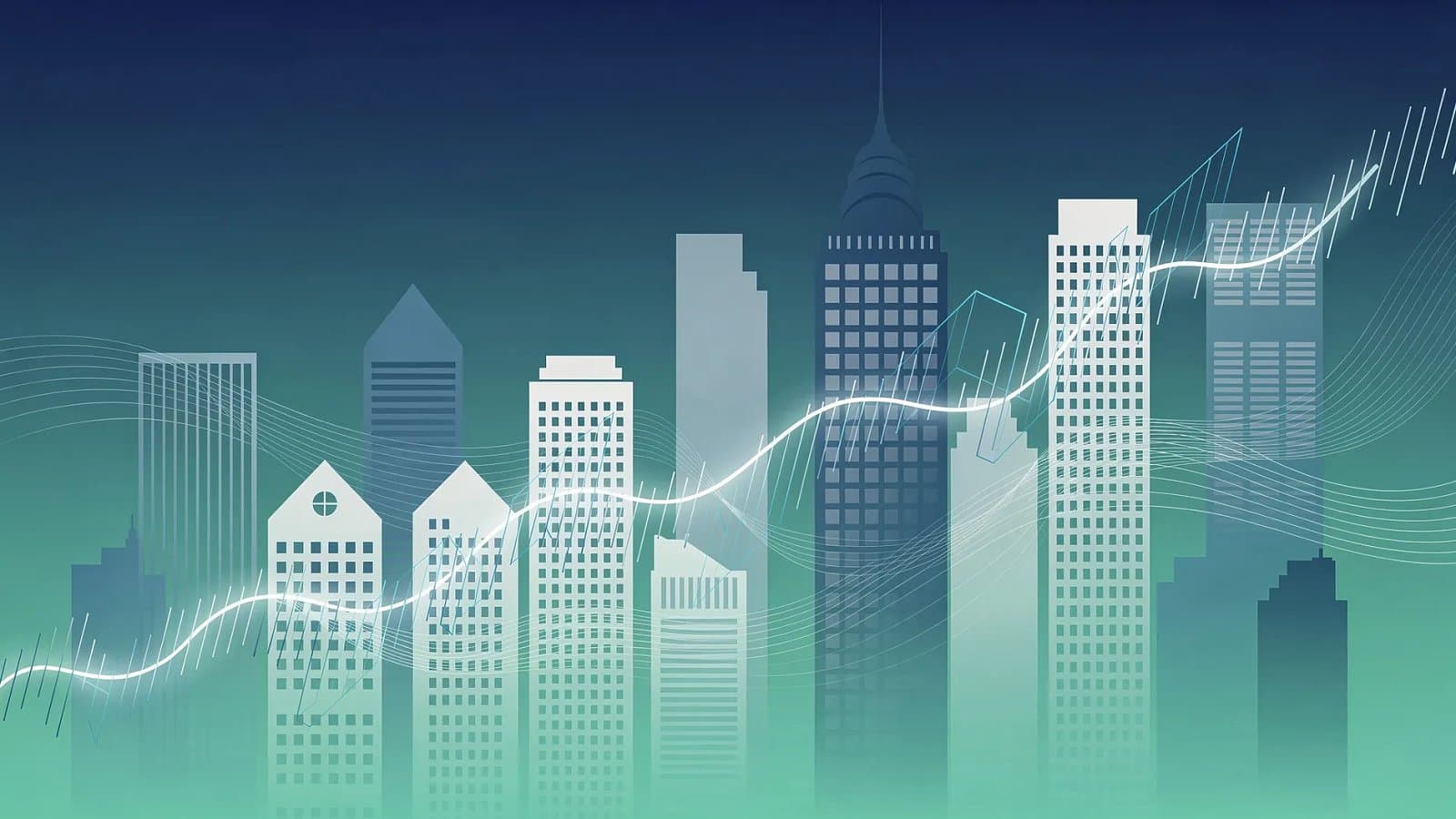 Visualisation abstraite de silhouettes architecturales et de structures urbaines évoquant un marché immobilier en équilibre fragile