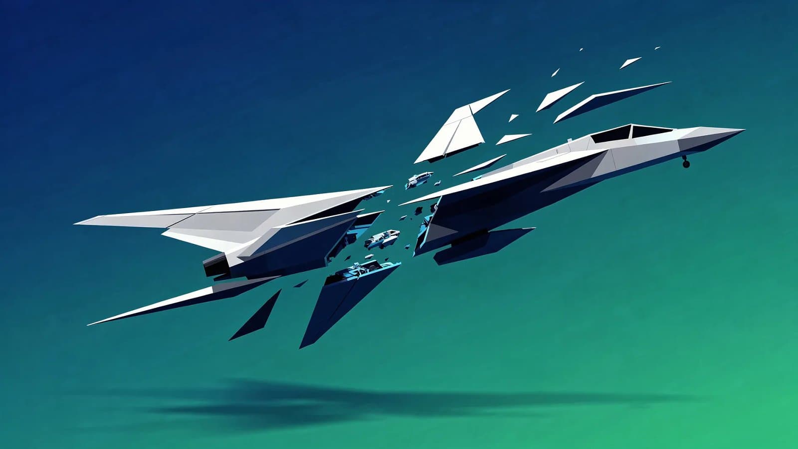 Visualisation abstraite d'une aile d'avion de combat fragmentée se scindant en directions opposées, symbole de l'abandon du programme FCAS franco allemand