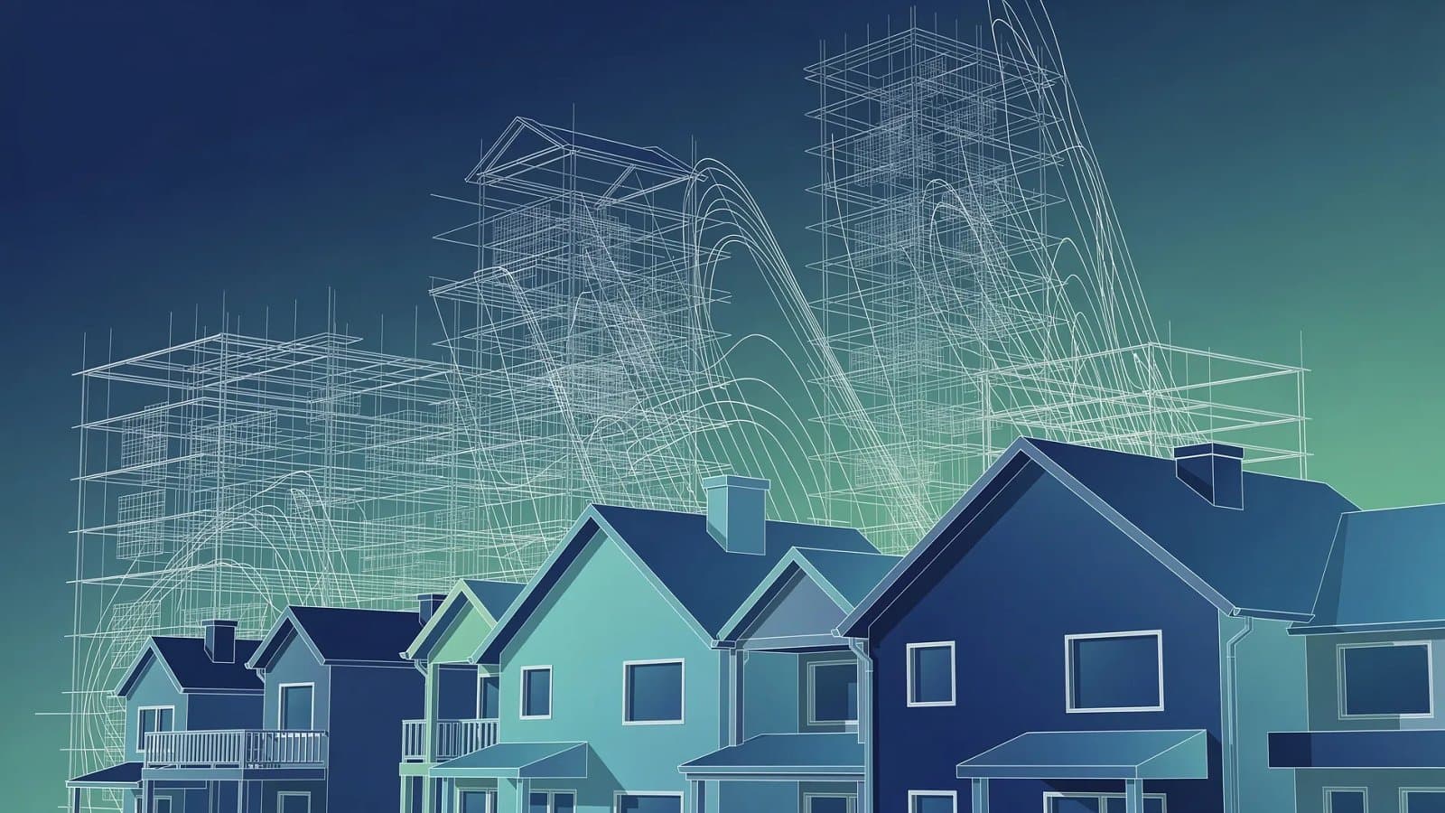 Visualisation abstraite de silhouettes architecturales et de structures immobilières en dégradé bleu et vert, évoquant un marché du logement sous pression