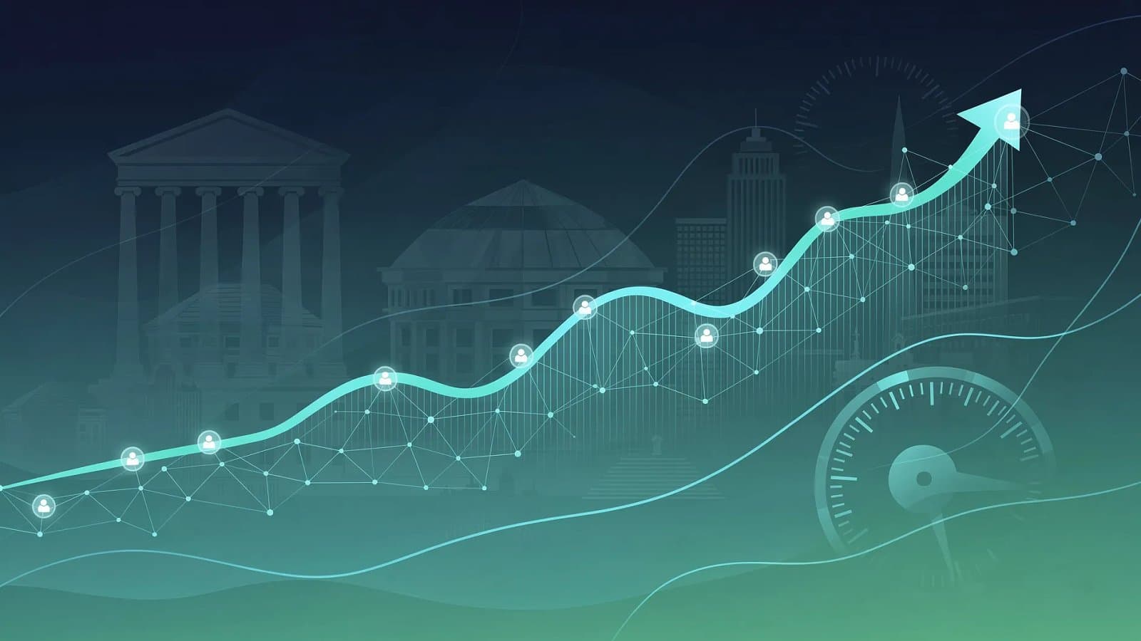Visualisation abstraite de cycles économiques américains et de flux de données de confiance des ménages en dégradé bleu et vert