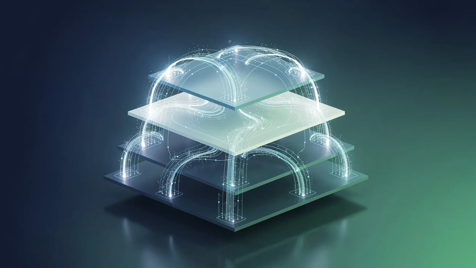 Visualisation abstraite de tranches de crédit structuré et de flux de capitaux dans des tons bleu profond et vert émeraude