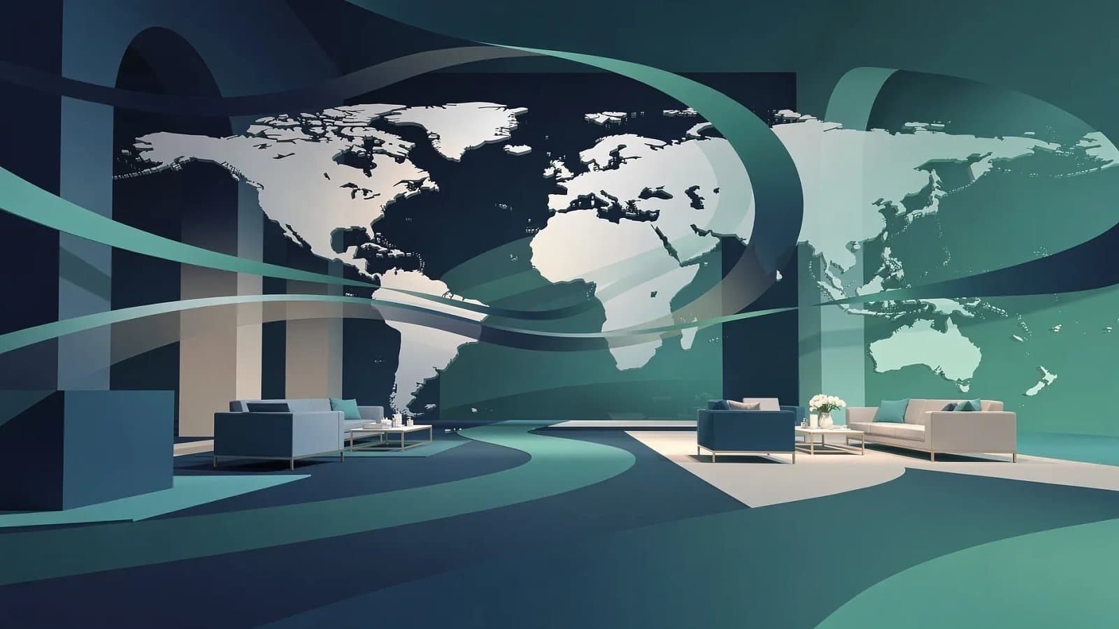 Visualisation abstraite d'un intérieur architectural haut de gamme évoquant le mobilier de luxe et les flux commerciaux internationaux du distributeur RH