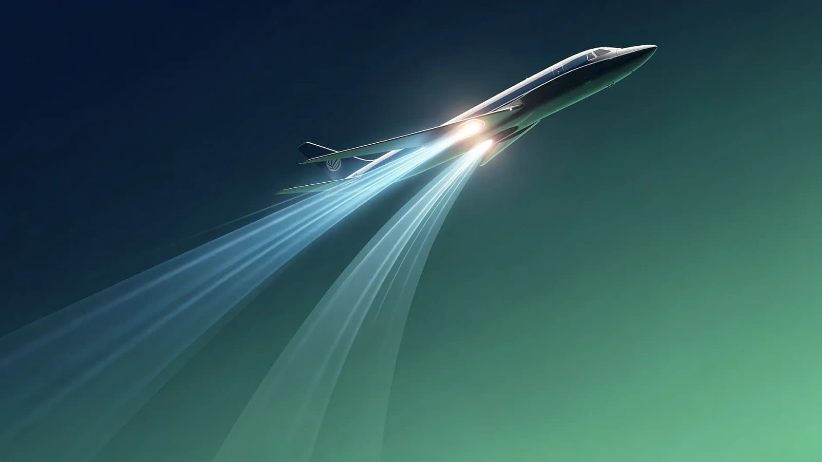 Illustration abstraite évoquant l'aéronautique de défense et un partenariat stratégique franco indien, formes dynamiques ascendantes en dégradé bleu et vert
