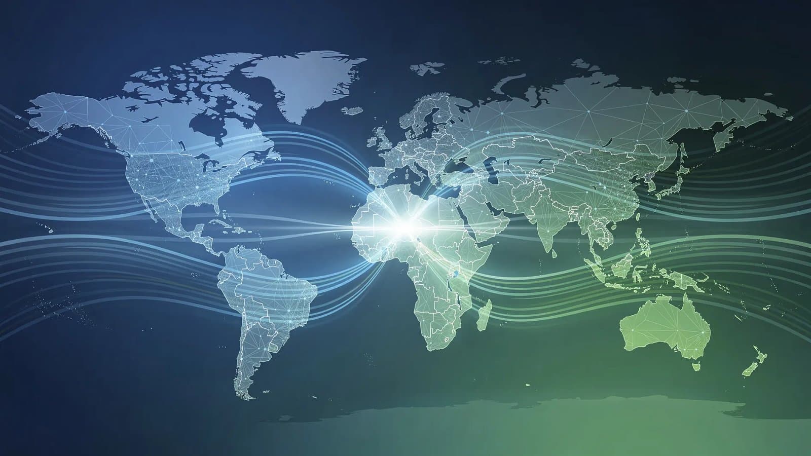 Visualisation abstraite de flux financiers divergents entre grandes zones monétaires et marchés émergents