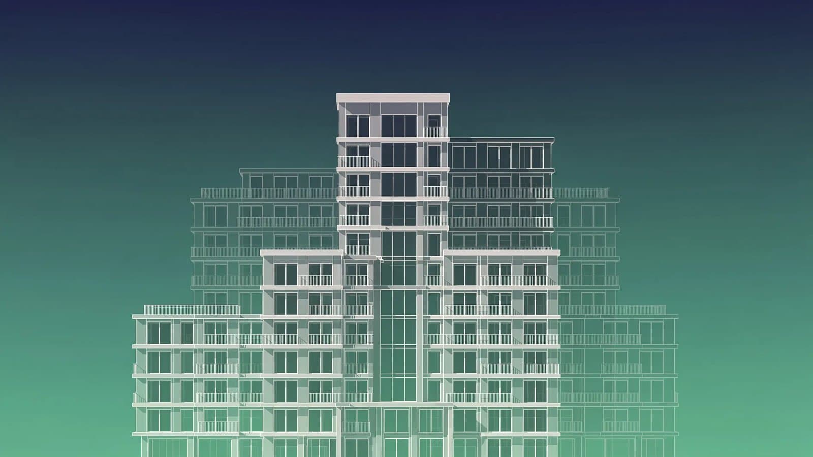 Visualisation abstraite de structures architecturales en élévation symbolisant l'investissement immobilier locatif et l'amortissement fiscal