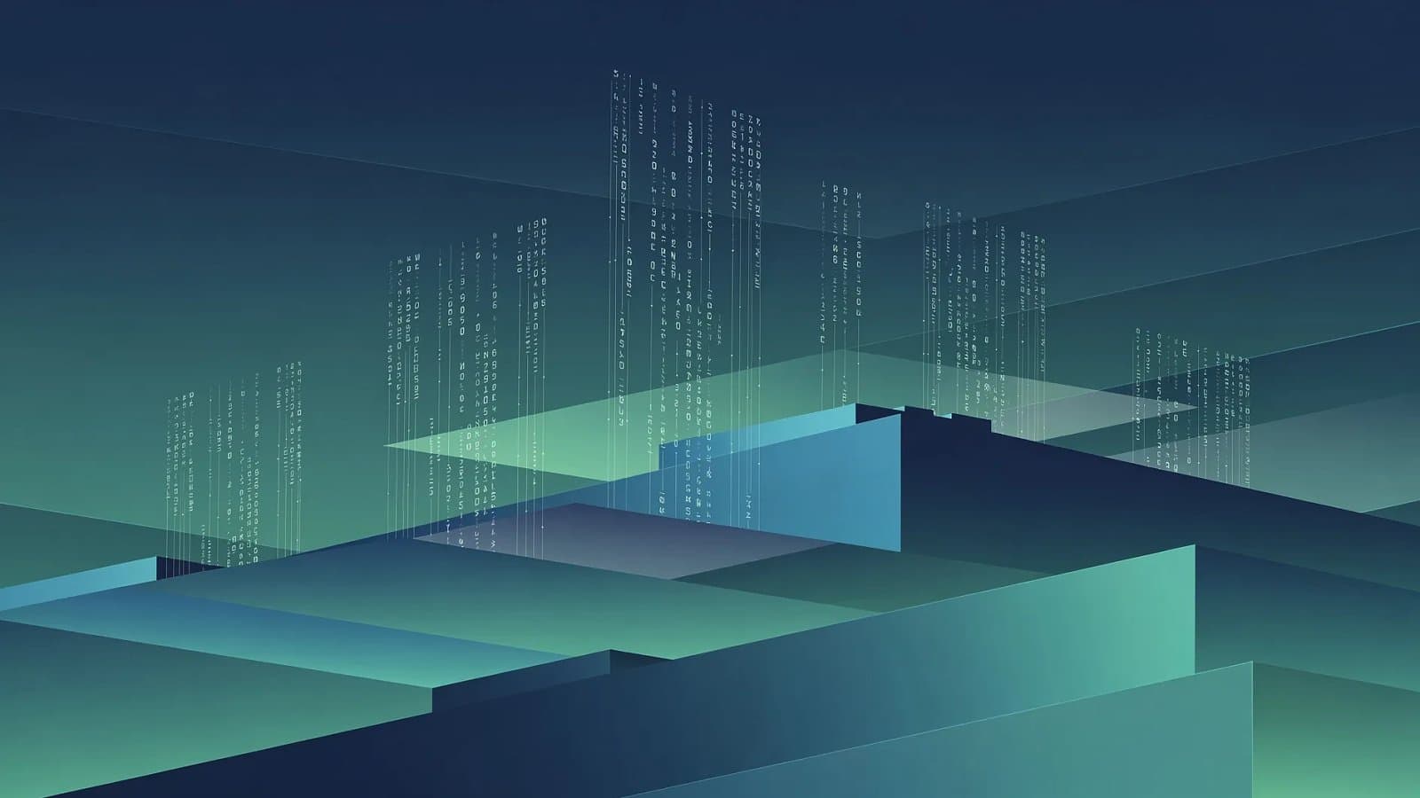 Visualisation abstraite d'une institution monétaire australienne et de flux de données financières en pause, tons bleu profond et vert émeraude