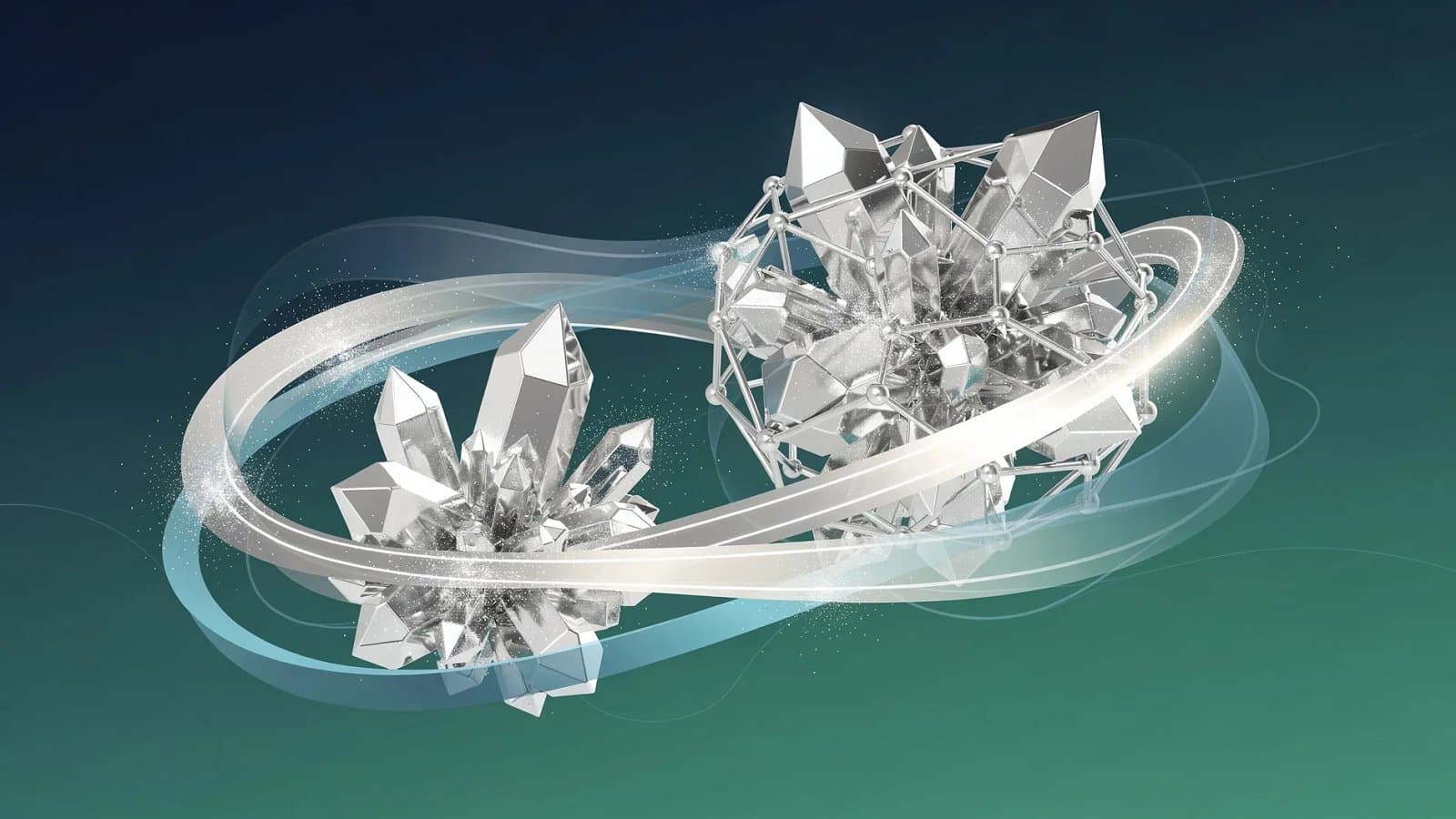 Illustration abstraite des structures cristallines du lithium et des flux d'énergie des batteries en tons bleus et verts