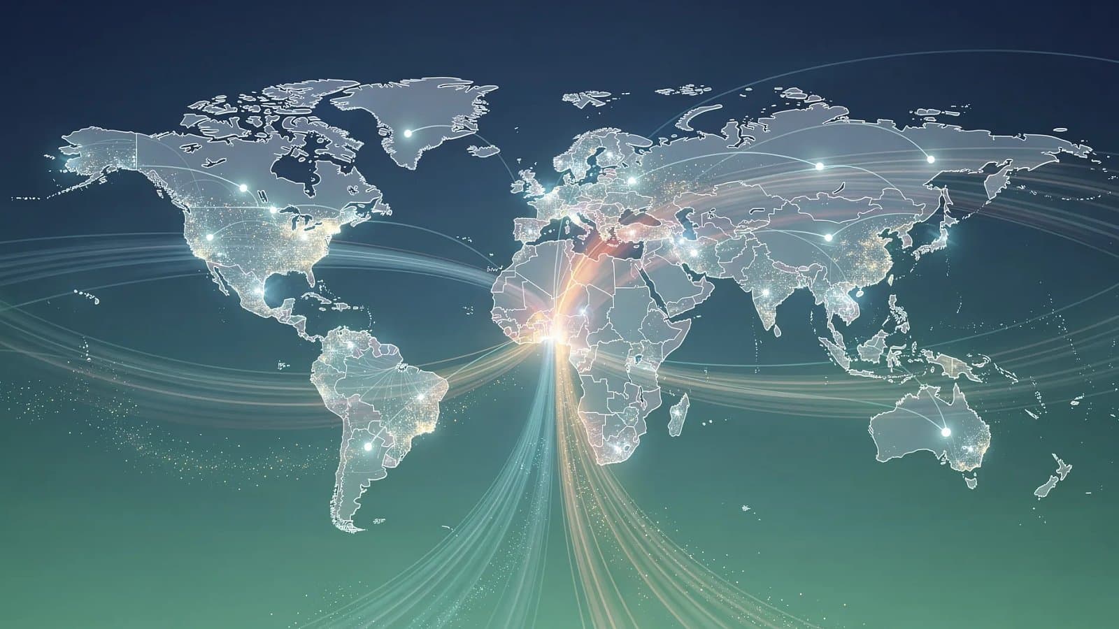 Visualisation abstraite de flux de paiements transfrontaliers interconnectés dans des tons bleu profond et vert émeraude
